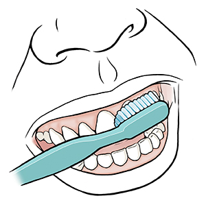 Primer plano de una boca donde puede verse un cepillo que restriega los dientes de arriba.