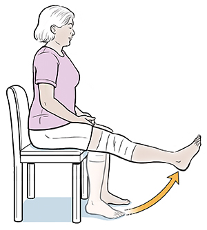 Woman sitting in chair doing sitting knee exercises. Bandage on knee.