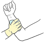 Gloved hand holding compress over wound on forearm.