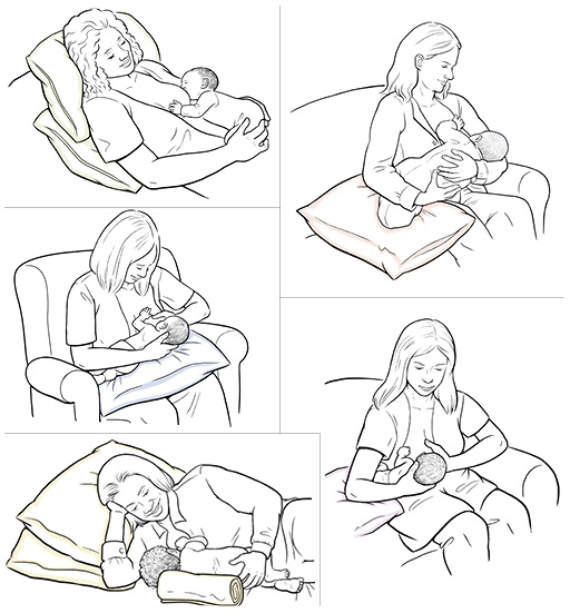 5 holds to use when breastfeeding: laid-back position, cradle hold, cross-cradle hold, football hold, and side-lying hold.