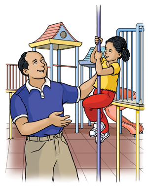 Man standing near small child sliding down playground pole.