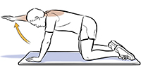 Man on all fours with right arm lifted up doing reach and hold exercise. 