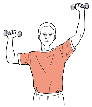 Man holding hand weights with one elbow at shoulder level, palms forward. Other arm is raised.