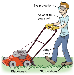 Boy safely using lawnmower. He is at least twelve years old, wearing eye protection, long pants, and sturdy shoes. Lawnmower has blade guard.