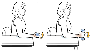 Woman sitting in chair with arm on table doing pronation exercise with hand weight.