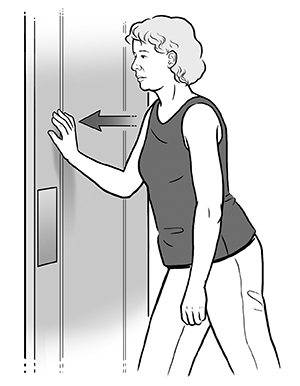 Woman pushing on door.