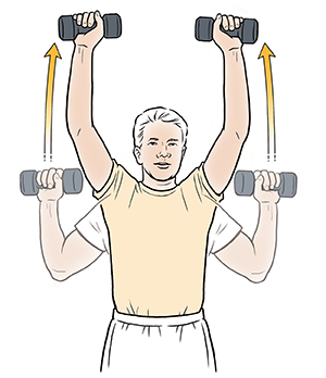 Man doing shoulder press exercise with hand weights.