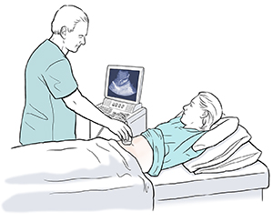 Healthcare provider doing ultrasound exam on pregnant woman.