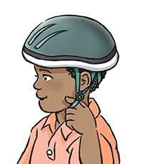 Boy testing tightness of bicycle helmet strap.