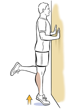 Man next to wall doing single-leg heel raise exercise.