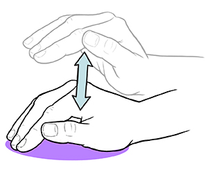 Cupped hand and arrows over purple oval showing correct position and motion for chest physical therapy.