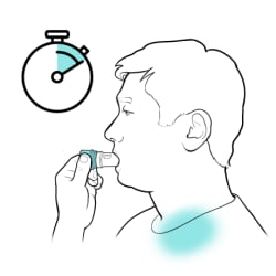 Person holding inhaler in mouth, with clock showing time passing.