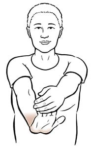 Woman with right arm extended, gently pulling on right hand with left hand.