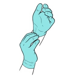 Hands putting on medical gloves.