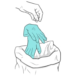 Throwing gloves into trash.